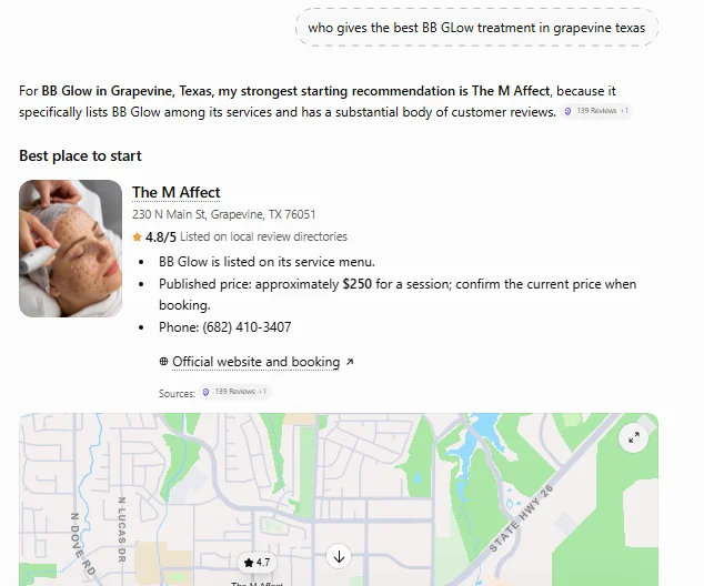 ChatGPT answer to: Who gives the best BB Glow treatment in Grapevine, Texas? Named first: "my strongest starting recommendation".