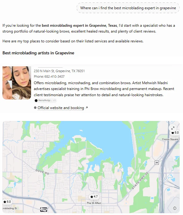 ChatGPT answer to: Where can I find the best microblading expert in Grapevine? Listed in the top recommendations, with booking link.