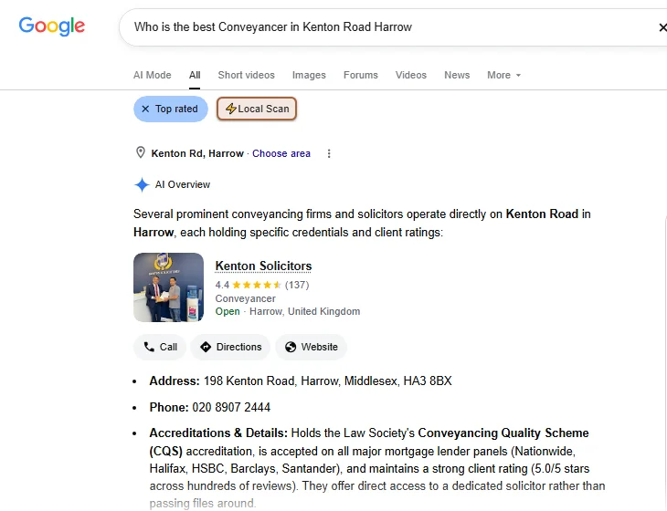 Google AI Overview answer to: Who is the best conveyancer in Kenton Road, Harrow? Featured first in Google's AI Overview, with call, directions and website buttons.
