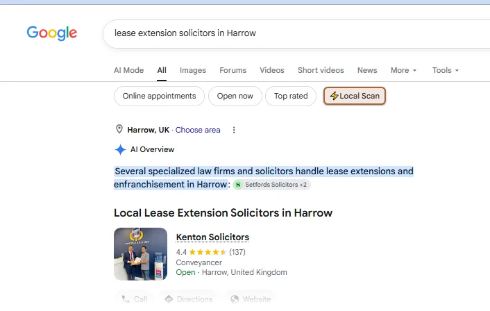 Google AI Overview answer to: Lease extension solicitors in Harrow Listed under "Local Lease Extension Solicitors in Harrow".