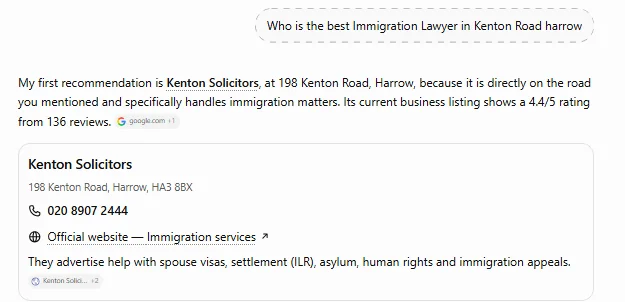 ChatGPT answer to: Who is the best immigration lawyer in Kenton Road, Harrow? Named as the first recommendation, with address, phone, rating and services.